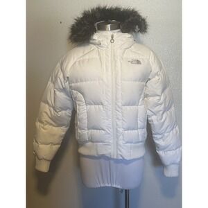 THE NORTH FACE Women's sz. S White Hooded Faux Fur 550 Goose Down Parka Jacket